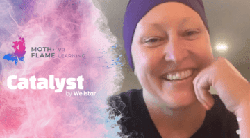 Catalyst burst with Moth+Flame and Catalyst logos, next to a cancer patient looking at camera.